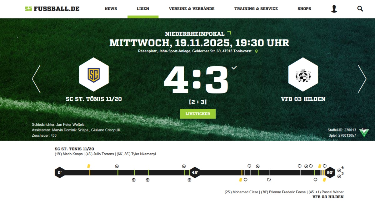 Oberligist SC St. Tönis nach Tor-Festival im Halbfinale des Niederrheinpokals