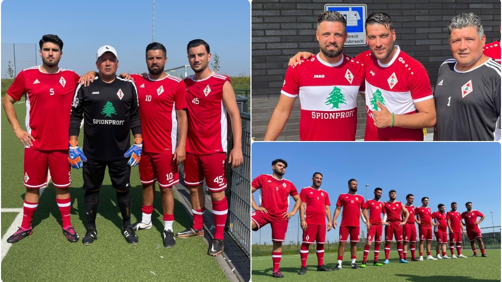 Torjäger Bilal Allouche (linkes Bild, 2.v.r.) von Al-Arz Libanon Essen III spielt in familiärem Umfeld groß auf.