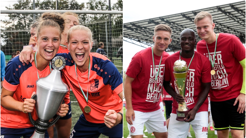 Borussia Bocholt (links) und Rot-Weiss Essen sind die aktuellen Titelträger im Niederrheinpokal der Frauen und Herren. Mit der Erstrunden-Auslosung am 29. September startet die Nachfolger-Suche.