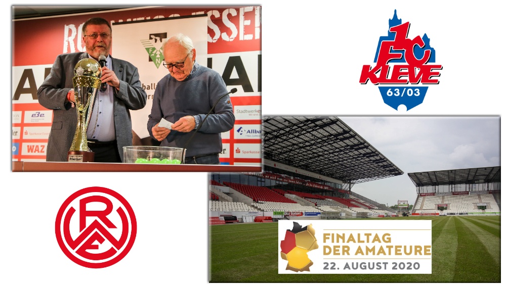 Bild oben links: RWE-Legende Willi "Ente" Lippens (auf dem Foto rechts/mit dem FVN-Verbandsfußballausschuss-Vorsitzenden Wolfgang Jades) hat für beide Finalisten gespielt und loste in dieser Saison auch schon eine Niederrheinpokalrunde aus. Bild unten rechts: Das Endspiel wird im Stadion Essen entschieden.