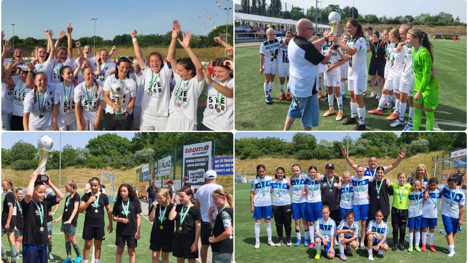Die B-Juniorinnen (oben links), die C-Juniorinnen (oben rechts) und die D-Juniorinnen (unten links) von Borussia Mönchengladbach gewannen jeweils den Niederrheinpokal. Unten rechts: Die D-Juniorinnen von Gastgeber Rhenania Bottrop.
