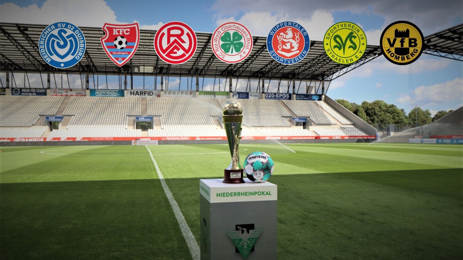 Diese sieben Teams ermitteln den Niederrheinpokalsieger 2020/2021: (Logos von links) MSV Duisburg, KFC Uerdingen, Rot-Weiss Essen, Rot-Weiß Oberhausen, Wuppertaler SV, SV Straelen und VfB Homberg.