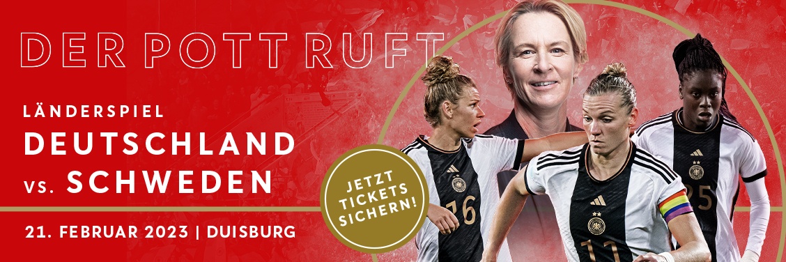 [{"clang_id":1,"value":"Fußball-Länderspiel Deutschland gegen Schweden am 21. Februar 2023 in Duisburg. Spielerinnen und Trainerin vor rotem Hintergrund. \"Jetzt Tickets sichern!\""}]
