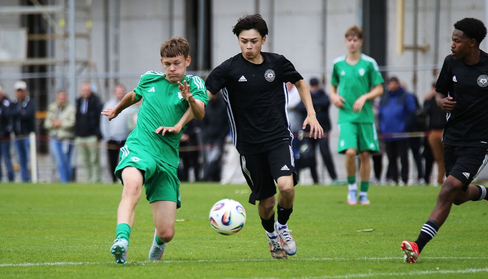 [{"clang_id":1,"value":"Fußballspiel: Zwei Spieler in Schwarz und Grün kämpfen um einen Ball auf dem grünen Rasen. Im Hintergrund weitere Spieler und Zuschauer."}]