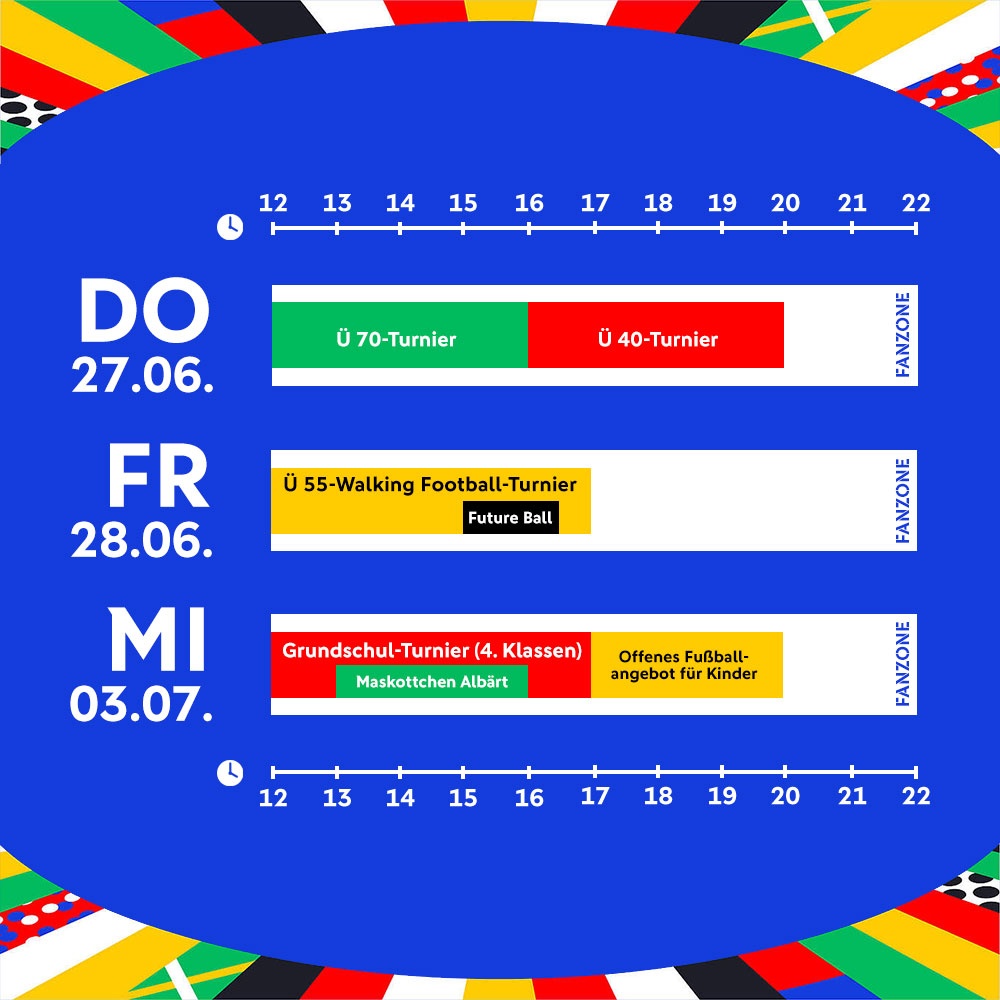 [{"clang_id":1,"value":"Zeitplan für Fußballturniere: 27.06. Ü70 & Ü40, 28.06. Ü55 Walking Football, 03.07. Grundschulturnier & Fußballangebot für Kinder. Fan-Zone rechts."}]
