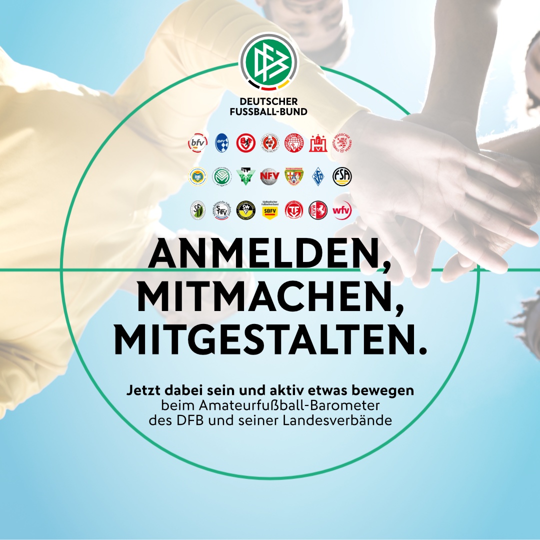 [{"clang_id":1,"value":"DFB-Werbeplakat: Diverse Menschen mit Fußball im Hintergrund. Schriftzug \"Anmelden, Mitmachen, Mitgestalten.\" und Info zum Amateurfußball-Barometer. Logos von Fußballverbänden."}]
