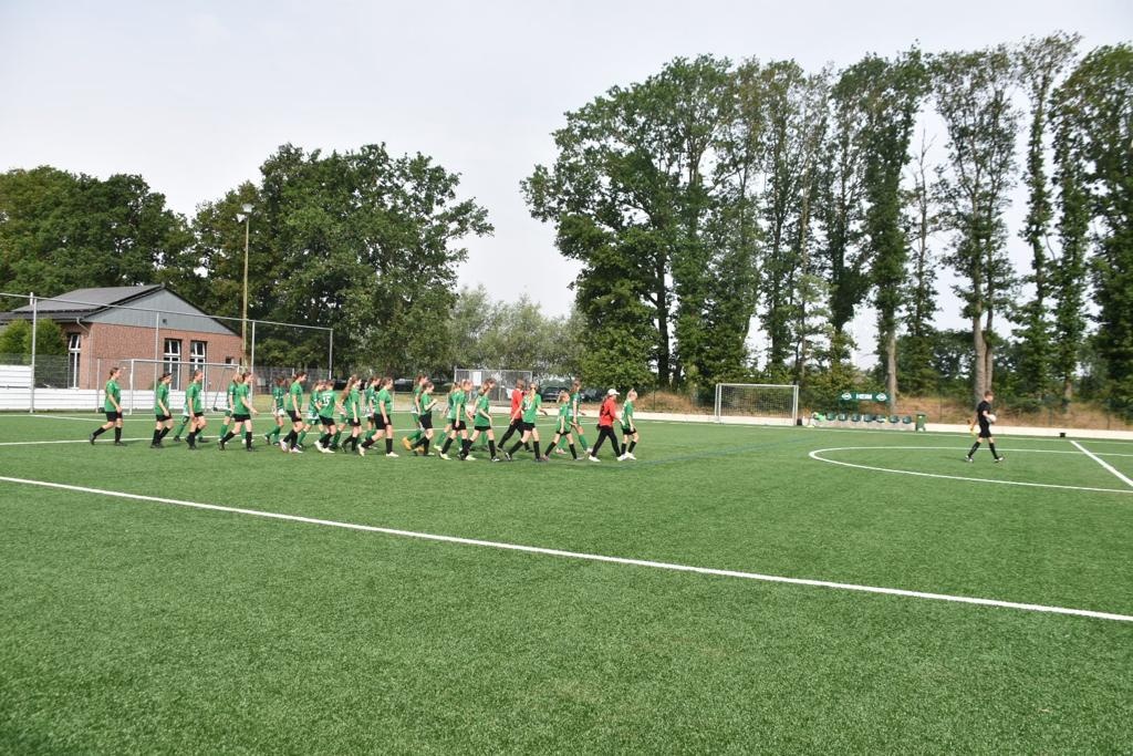 [{"clang_id":1,"value":"Fußballfeld mit einer Reihe Spieler in grünen und schwarzen Trikots. Im Hintergrund Bäume und ein Gebäude."}]