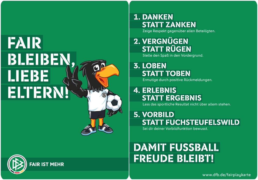 [{"clang_id":1,"value":"Fairplay-Karte mit Vogelmaskottchen, Fußball und fünf Regeln für respektvolles Verhalten beim Fußball. Grüner Hintergrund, Text in Weiß und Schwarz. DFB-Logo."}]