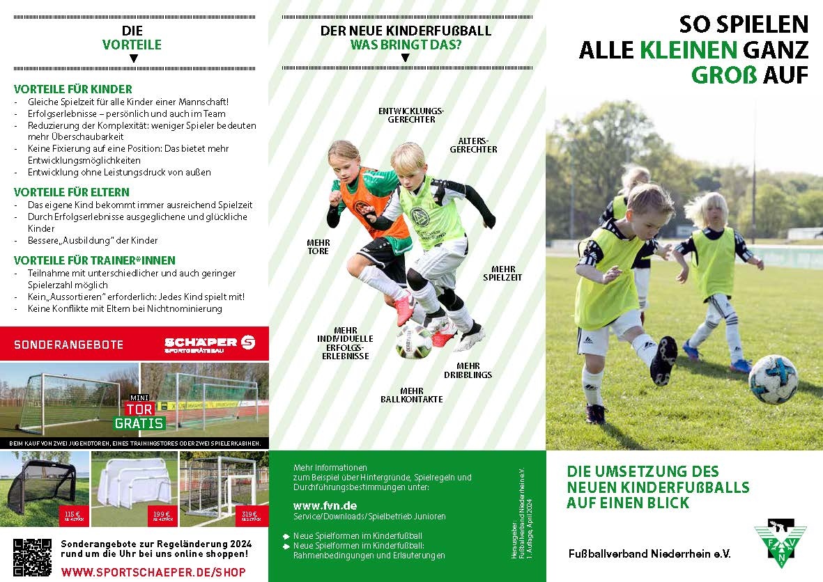 [{"clang_id":1,"value":"Werbeflyer für den neuen Kinderfußball. Vorteile für Kinder, Eltern und Trainer aufgelistet. Spieler beim Spiel, Logos von Fußballverband Niederrhein und Sponsor Schaper."}]