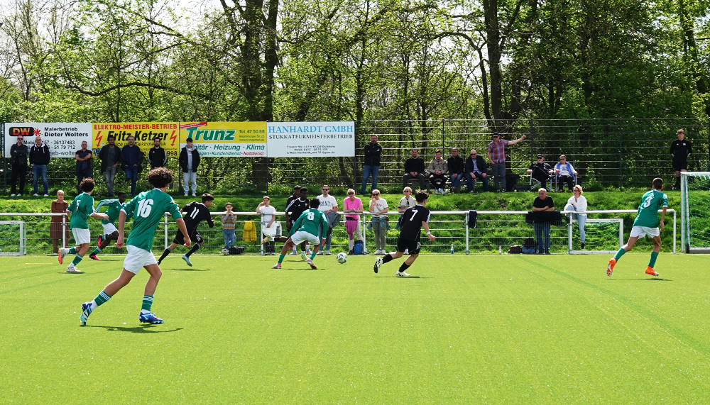 [{"clang_id":1,"value":"Fußballspiel auf grünem Rasenplatz. Spieler in grünen und dunklen Trikots, Zuschauer im Hintergrund vor Werbetafeln und Bäumen."}]