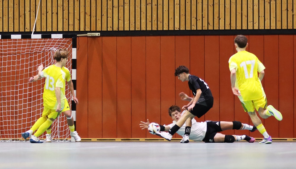 [{"clang_id":1,"value":"Handballspiel: Spieler in gelben und schwarzen Trikots kämpfen um den Ball. Ein Spieler liegt am Boden, ein anderer springt über ihn. Im Hintergrund ein Tor und eine orange-braune Wand."}]