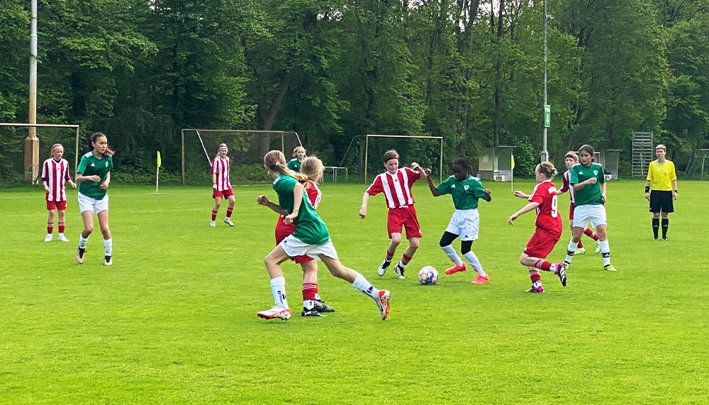 [{"clang_id":1,"value":"Fußballspiel mit jungen Spielerinnen auf grünem Rasen. Zwei Teams in rot-weiß bzw. grün-weiß spielen gegeneinander. Im Hintergrund Bäume und ein Fußballtor."}]