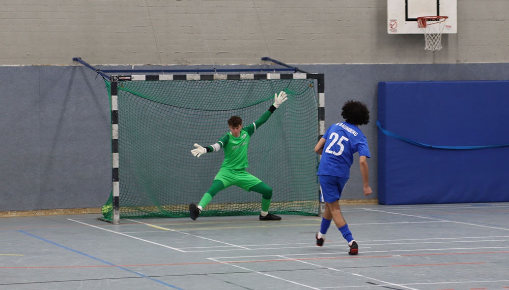 [{"clang_id":1,"value":"Handballtorwart in grüner Kleidung springt nach rechts, um einen Spieler mit blauem Trikot und Nummer 25 am Schießen zu hindern. Im Hintergrund ein Basketballkorb."}]