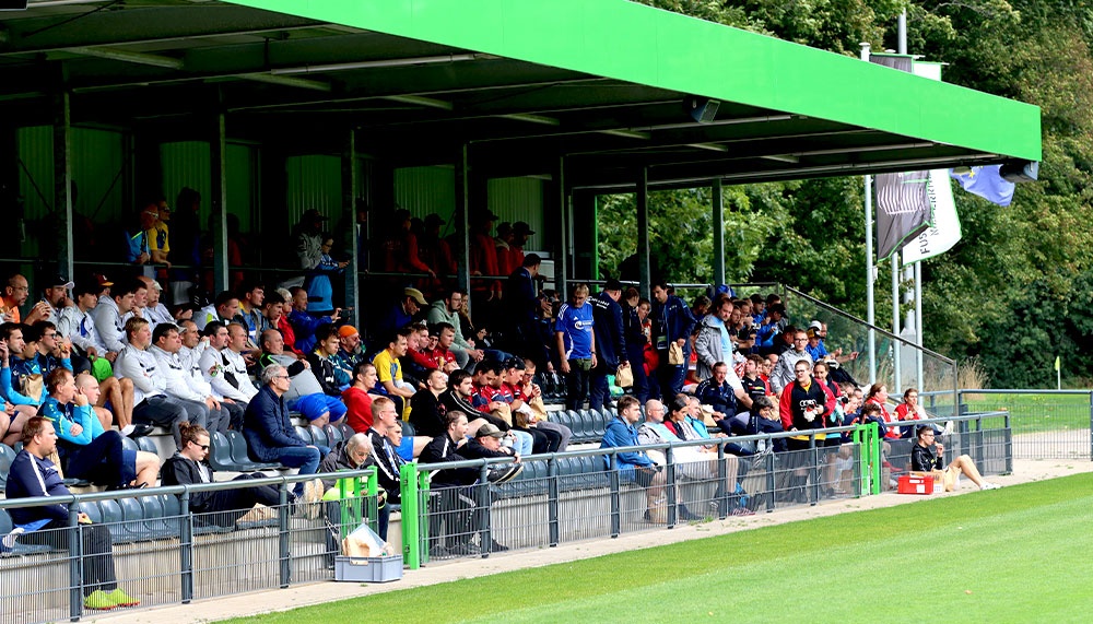 [{"clang_id":1,"value":"Fußballstadion: Zuschauerreihen mit vielen Menschen, Blick auf grünen Rasen und einen Teil der Spielfeldumrandung. Über den Zuschauern ein grünes Dach."}]