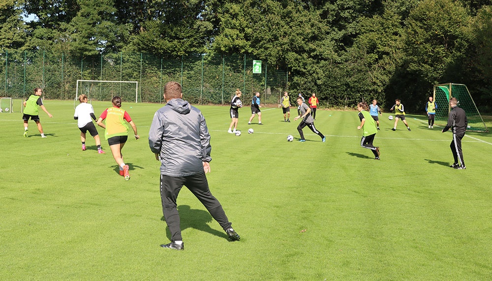 [{"clang_id":1,"value":"Fußballtraining: Gruppe Jugendlicher mit Trainer auf grünem Rasenfeld. Einige Spieler tragen orangefarbene Westen. Im Hintergrund Bäume und ein Zaun."}]