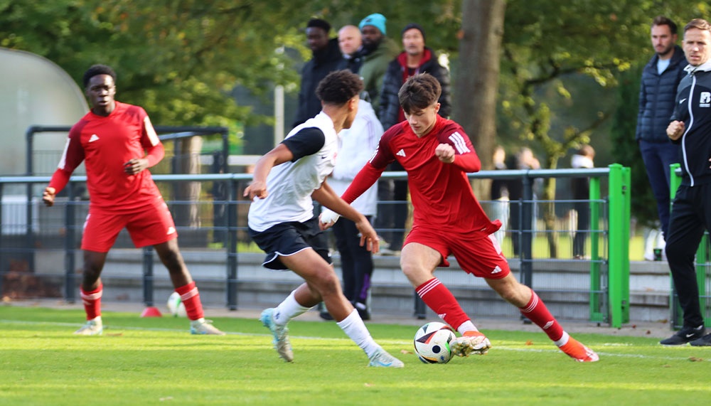 [{"clang_id":1,"value":"Fußballspiel. Zwei Spieler in Rot und Weiß kämpfen um den Ball auf einem grünen Rasen. Im Hintergrund Zuschauer und ein Zaun."}]