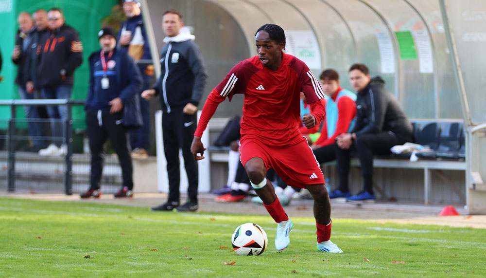 [{"clang_id":1,"value":"Fußballspieler in rotem Trikot dribbelt mit Ball auf Grün. Im Hintergrund Zuschauer und ein überdachtes Spielfeld."}]