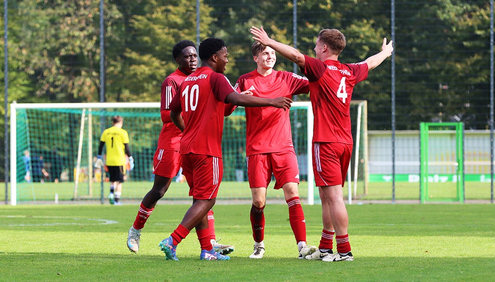 [{"clang_id":1,"value":"Vier Fußballspieler in roten Trikots feiern auf einem grünen Rasen. Im Hintergrund ein Fußballtor und weitere Spieler."}]