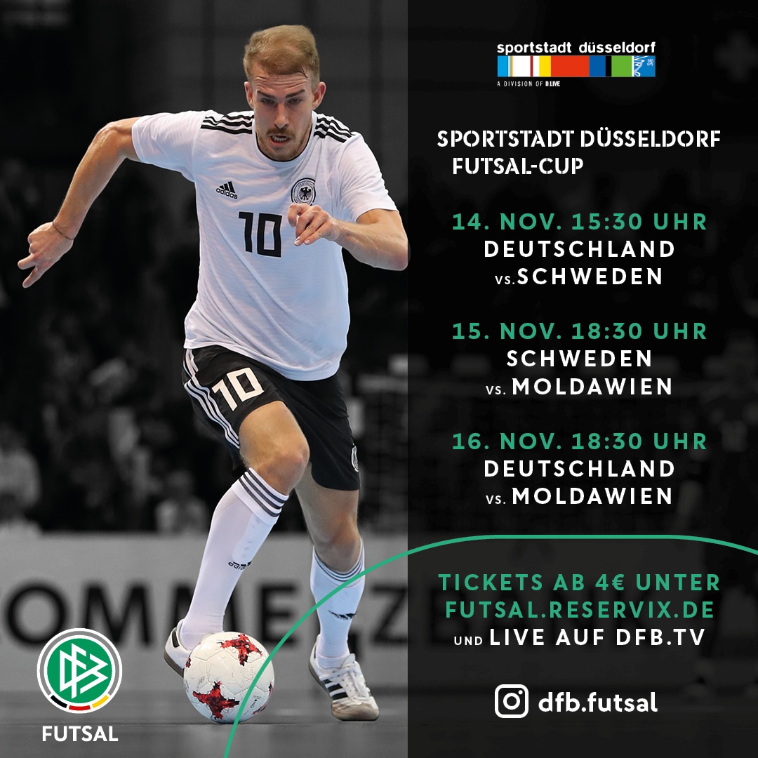 [{"clang_id":1,"value":"Futsalspieler mit Nummer 10 dribbelt den Ball. Rechts daneben Turnierinformationen: Deutschland vs. Schweden, Schweden vs. Moldawien, Deutschland vs. Moldawien im November. Tickets & Live-Übertragungshinweise."}]