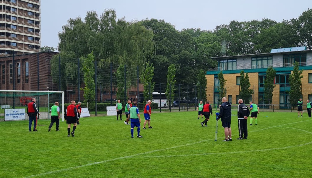 [{"clang_id":1,"value":"Fußballfeld mit spielenden Personen in verschiedenen Trikotfarben. Im Hintergrund Gebäude und Bäume, leicht bewölkter Himmel."}]