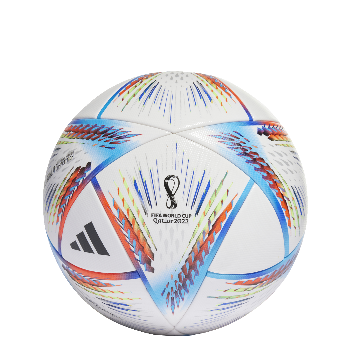 [{"clang_id":1,"value":"Fußball Al Rihla, FIFA Weltmeisterschaft Katar 2022. Weißer Ball mit farbigen, stilisierten Flügeln und dem FIFA-Logo in der Mitte."}]