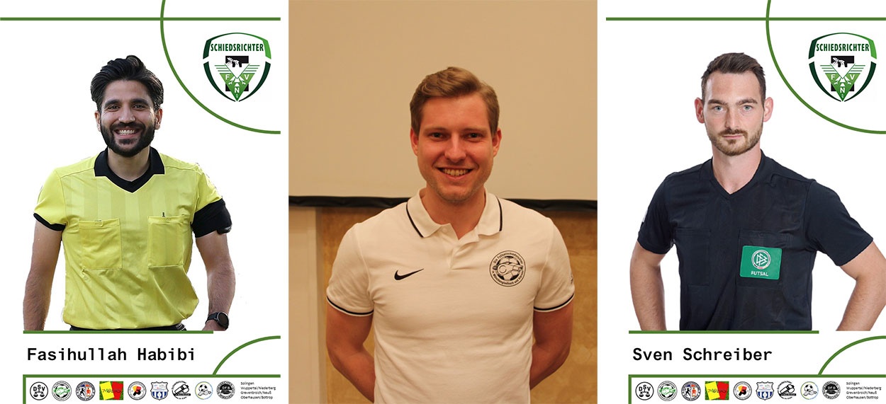 [{"clang_id":1,"value":"Drei Porträts von Futsal-Schiedsrichtern. Links Fasihullah Habibi (gelbes Trikot), Mitte ein Schiedsrichter mit weißem Polo, rechts Sven Schreiber (grünes Trikot). Logos der Verbände am unteren Rand."}]