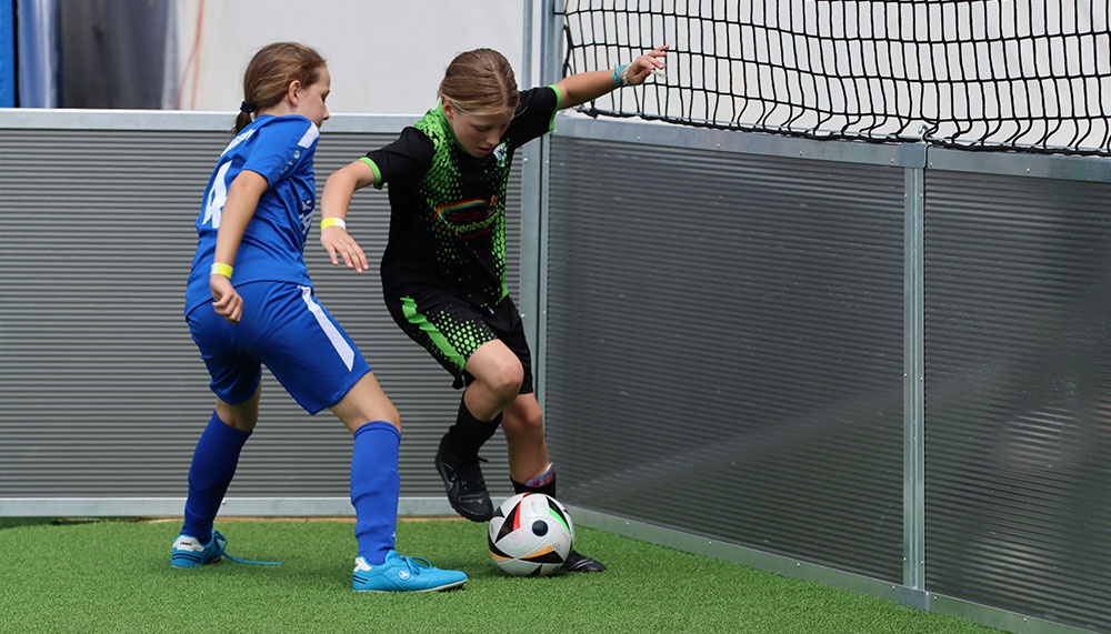 [{"clang_id":1,"value":"Zwei Fußballspielerinnen auf grünem Kunstrasen. Eine in blauem Trikot, die andere in schwarzem mit grünen Akzenten, dribbeln den Ball. Im Hintergrund eine Metallbande und ein Netz."}]