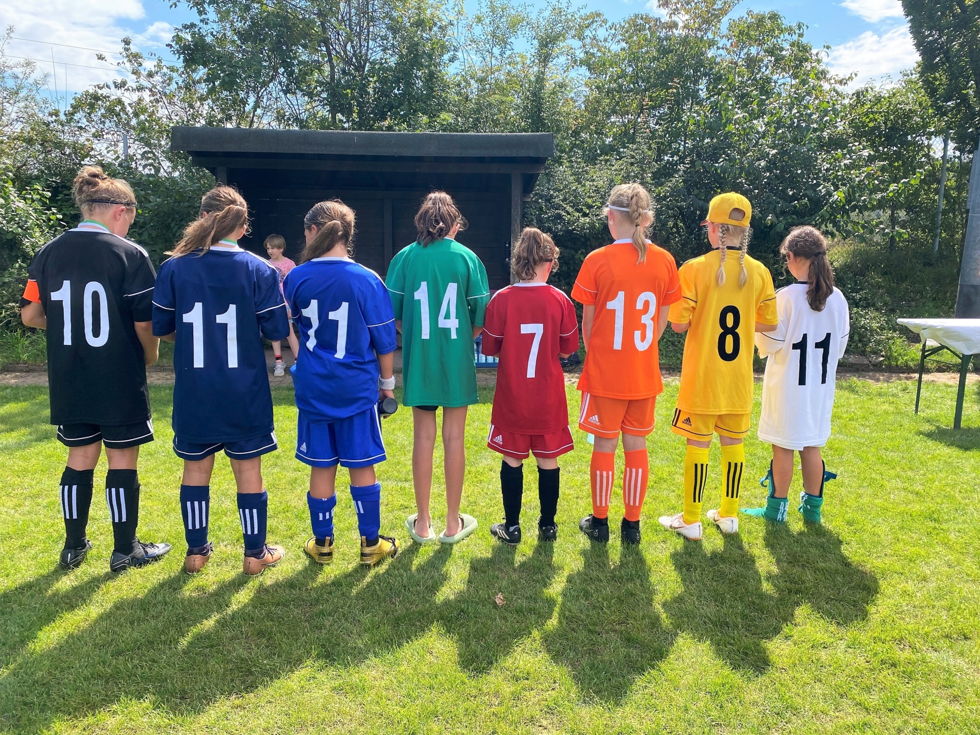 [{"clang_id":1,"value":"Fußballmannschaft aus Kindern steht auf Grasfeld, Rücken an den Betrachter gewandt. Sie tragen unterschiedliche Trikotfarben und -nummern. Im Hintergrund Büsche und Gebäude."}]