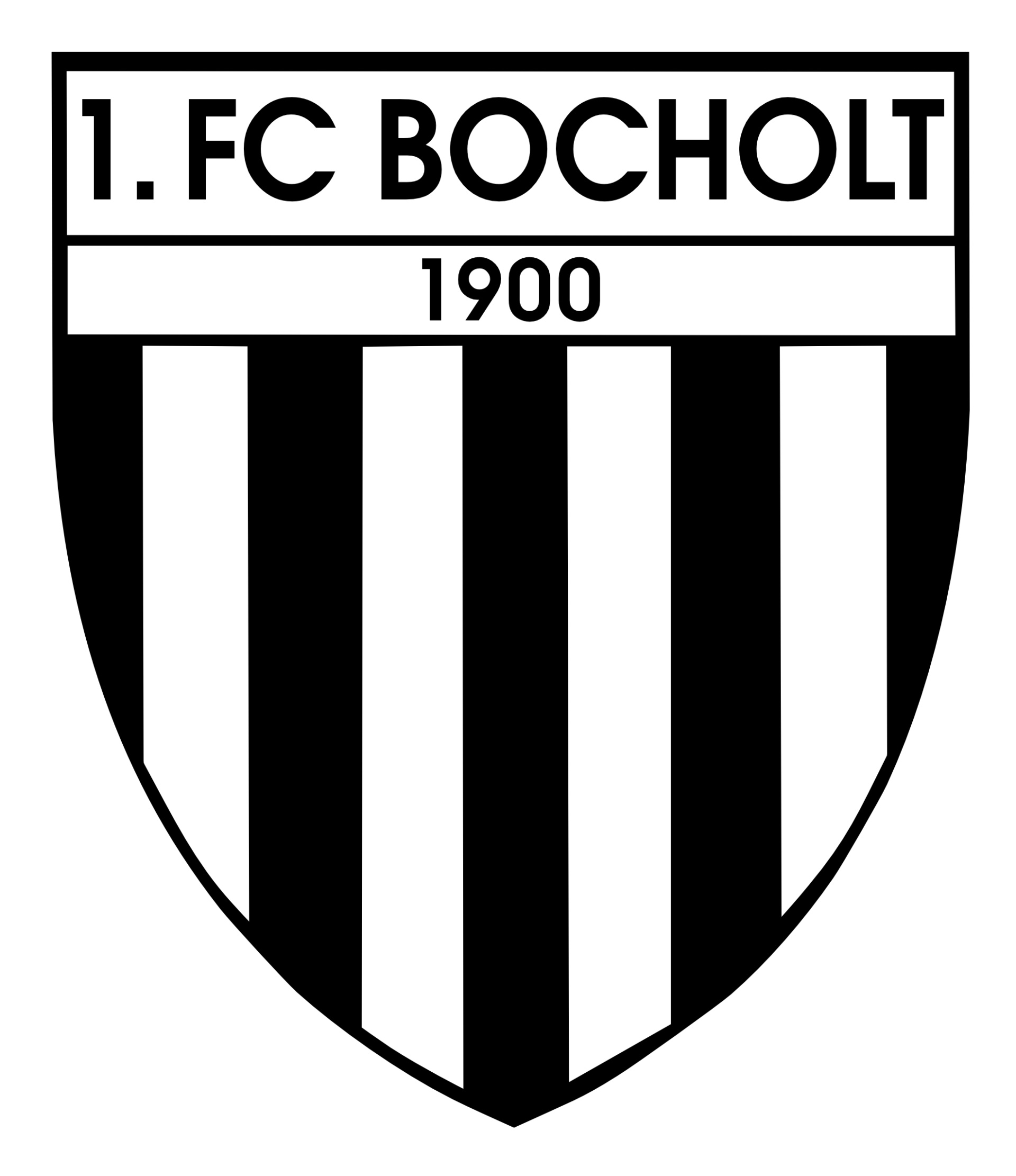 [{"clang_id":1,"value":"Vereinswappen 1. FC Bocholts: Schild mit vertikalen schwarzen und weißen Streifen, darüber Jahreszahl \"1900\" und Schriftzug \"1. FC BOCHOLT\"."}]