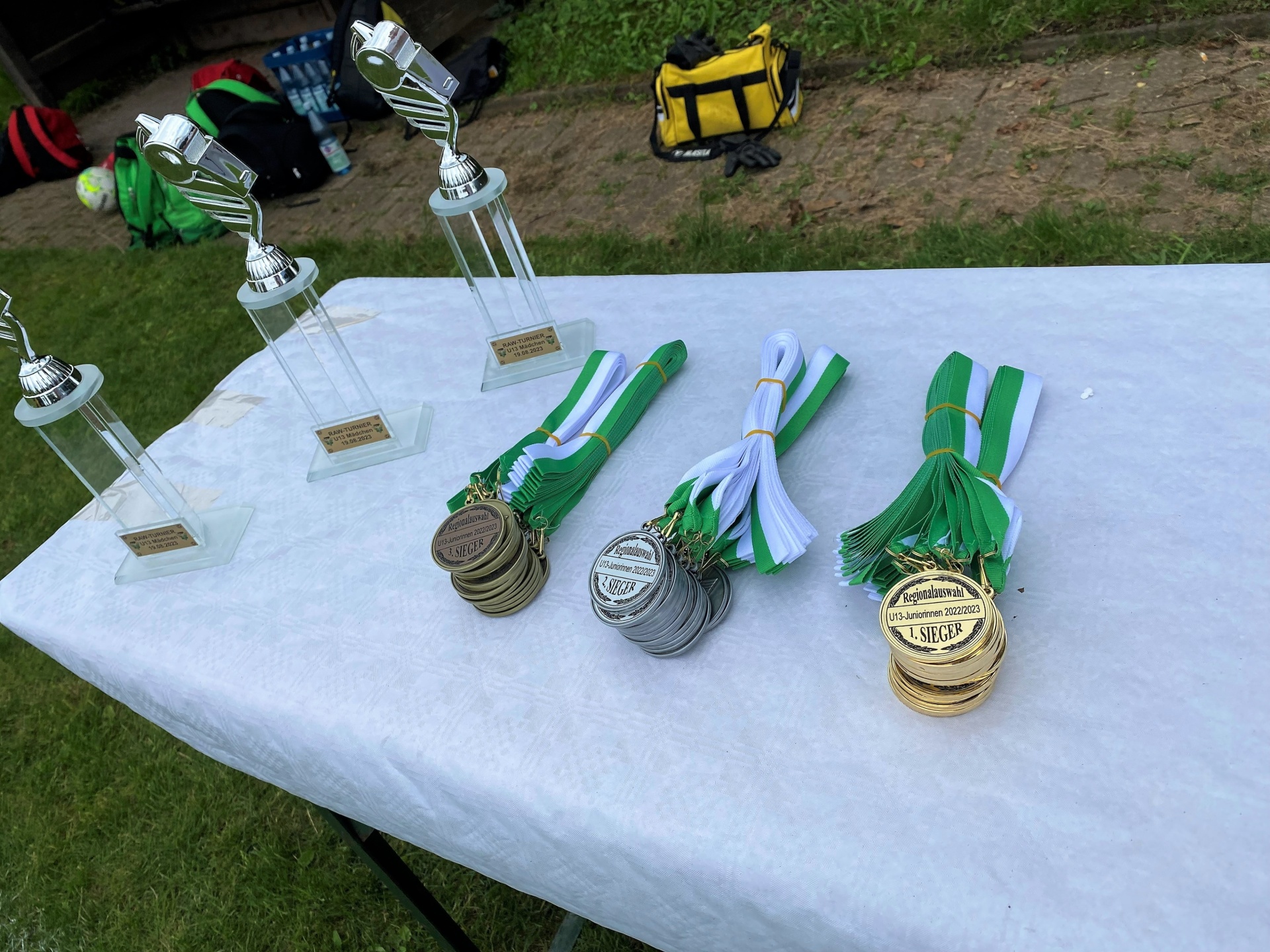 [{"clang_id":1,"value":"Tisch mit Pokalen und Medaillen. Silberne und goldene Trophäen sowie grüne und silberne Medaillen an grünen Bändern liegen darauf. Im Hintergrund verschwommene Personen und eine Sporttasche."}]