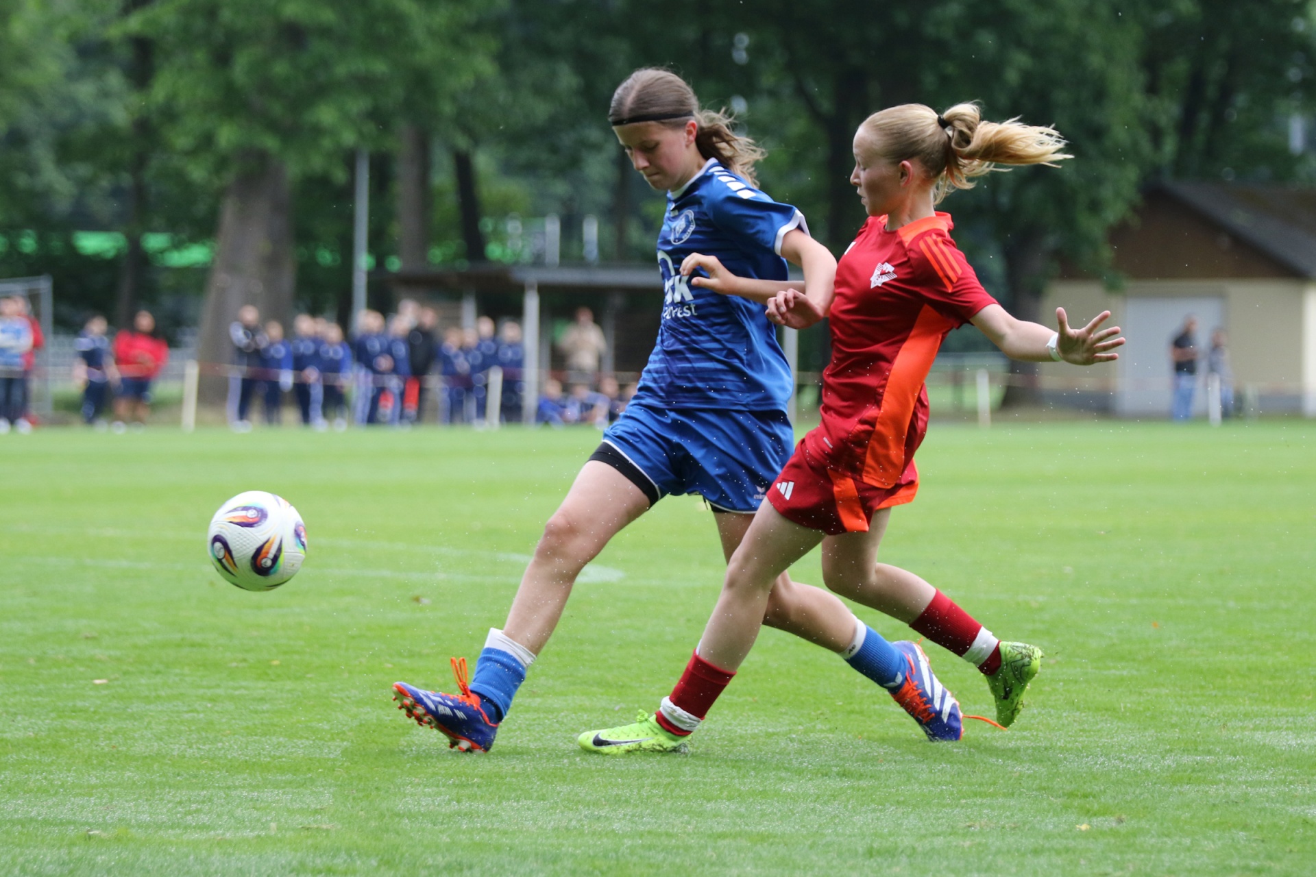 [{"clang_id":1,"value":"Zwei Fußballspielerinnen (ca. 12 Jahre) auf grünem Rasen. Links in blauem Trikot beim Schuss, rechts in rotem Trikot in Laufbewegung. Zuschauer im Hintergrund."}]