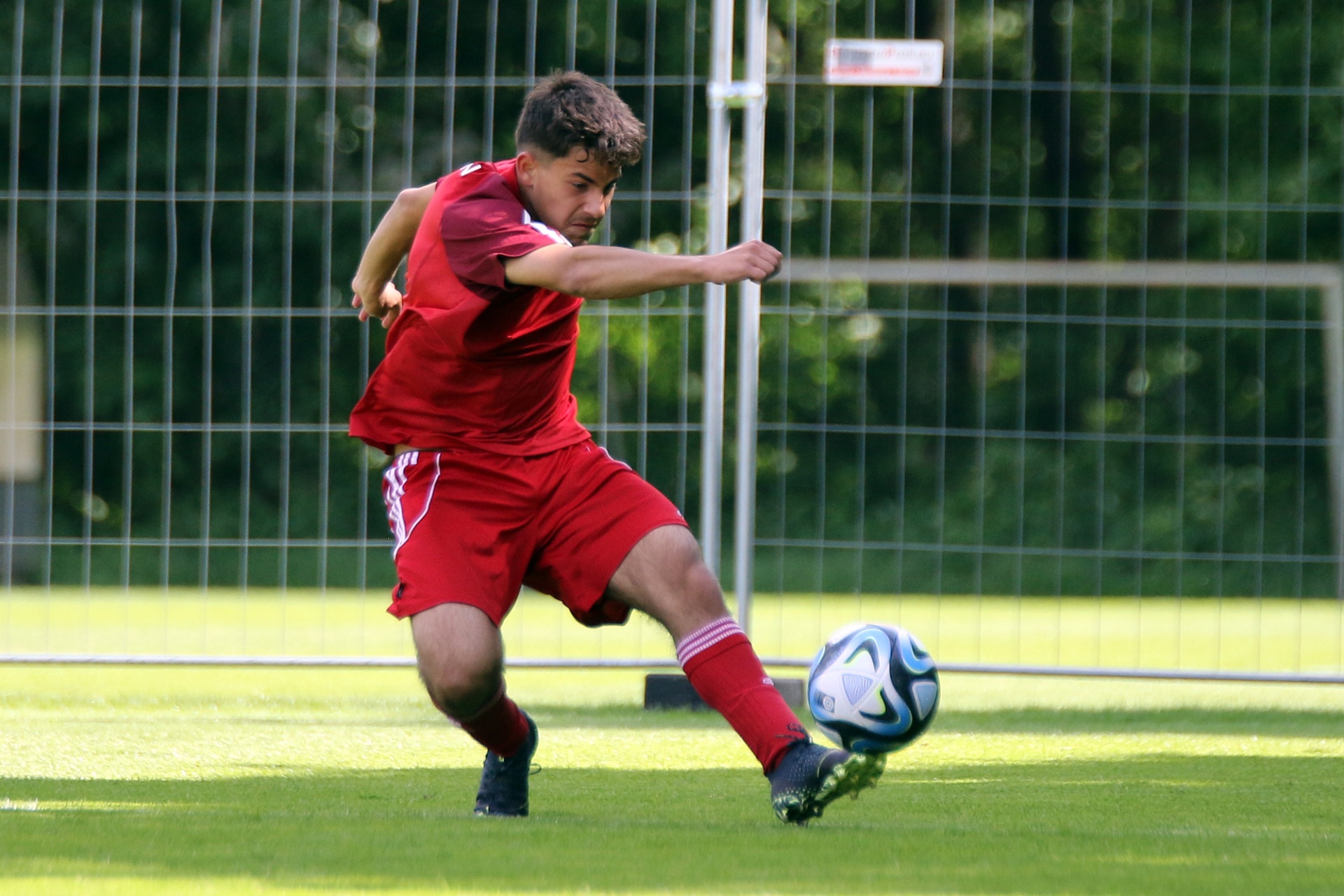 [{"clang_id":1,"value":"Fußballspieler in roten Shorts schießt auf ein Fußballtor. Grashügel im Hintergrund, sonniger Tag."}]