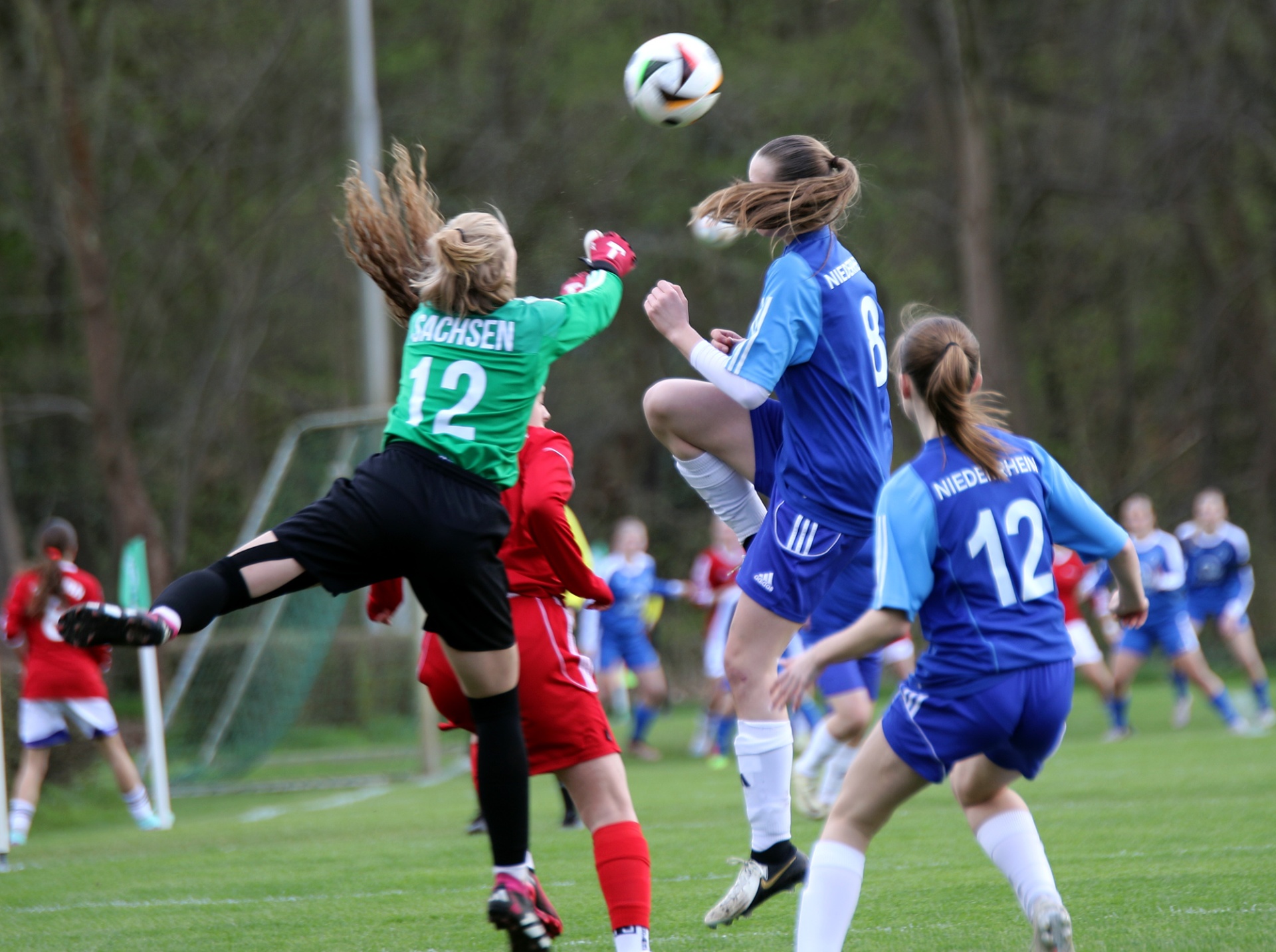 [{"clang_id":1,"value":"Fußballspiel: Zwei Spielerinnen springen hoch, um den Ball zu köpfen. Im Hintergrund weitere Spieler auf dem Rasen."}]