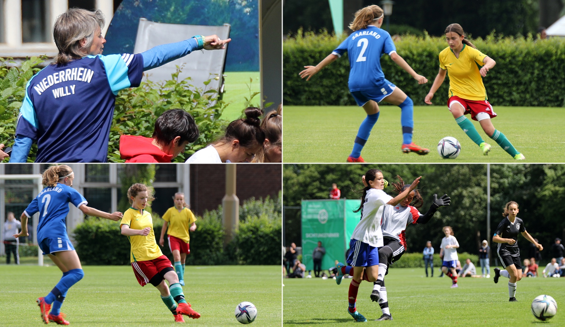 [{"clang_id":1,"value":"Fußballspiel: Vier Fotos zeigen junge Spielerinnen in Aktion auf einem grünen Rasen. Verschiedene Trikotfarben (blau, gelb, rot, schwarz, weiß) sind zu sehen. Ein Trainer steht am Spielfeldrand."}]