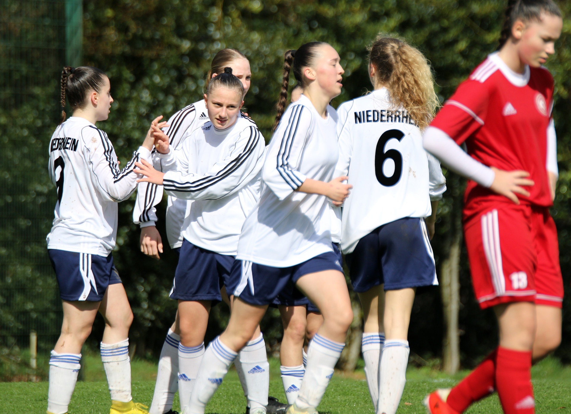 [{"clang_id":1,"value":"Fußballspielerinnen feiern auf dem Rasen. Mehrere Spielerinnen in weißen Trikots mit blauen Shorts und roten Spielerinnen im Hintergrund."}]