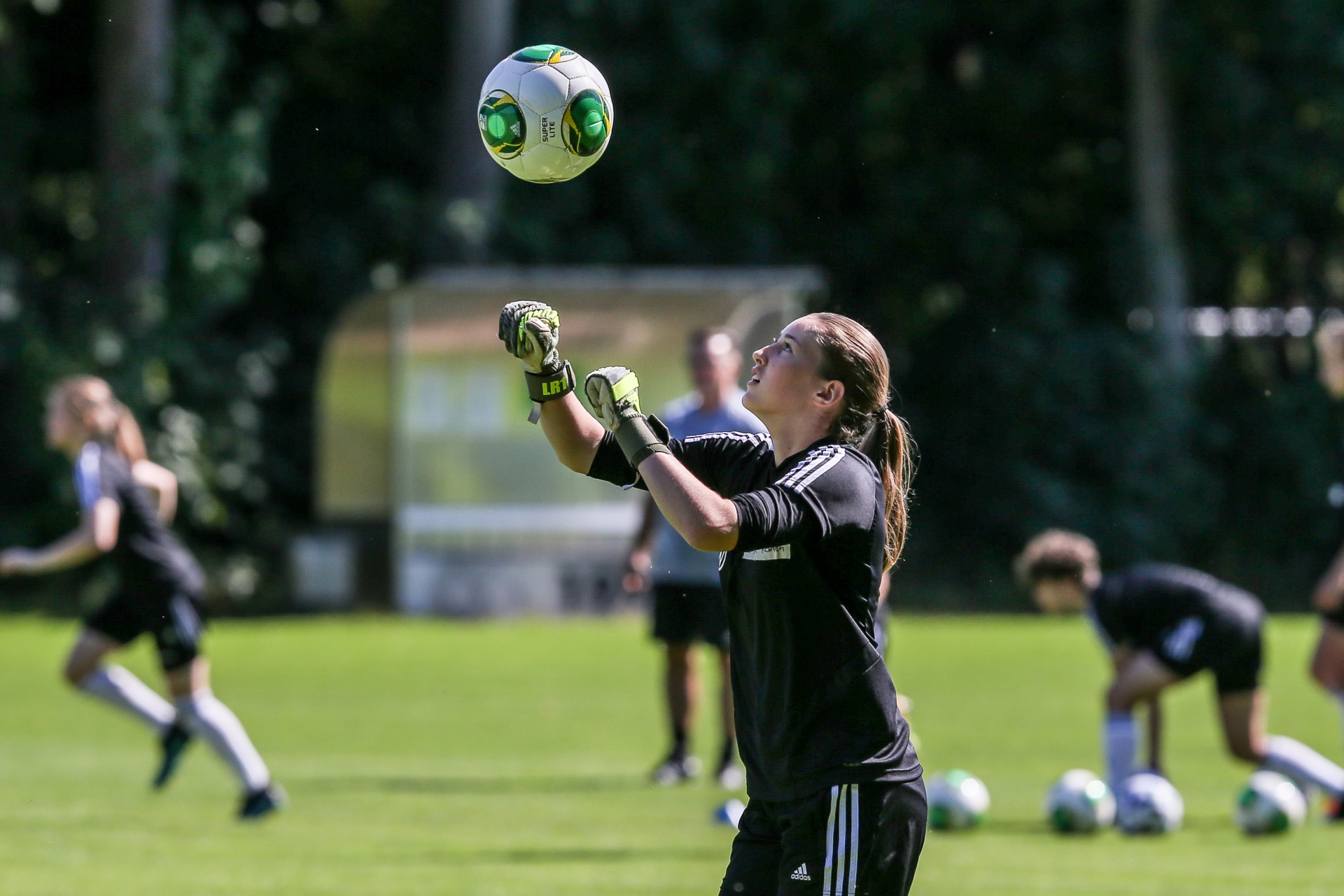 [{"clang_id":1,"value":"Fußballtorhüterin fängt Ball. Im Hintergrund spielende Fußballspielerinnen auf grünem Rasen."}]
