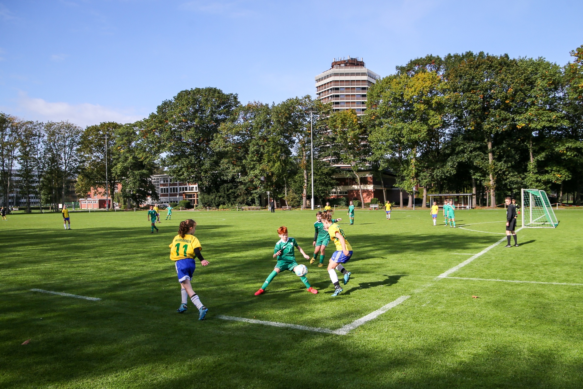 [{"clang_id":1,"value":"Fußballspiel auf Rasenplatz. Mehrere Spieler in farbigen Trikots bewegen sich um den Ball. Im Hintergrund Gebäude und Bäume unter blauem Himmel."}]