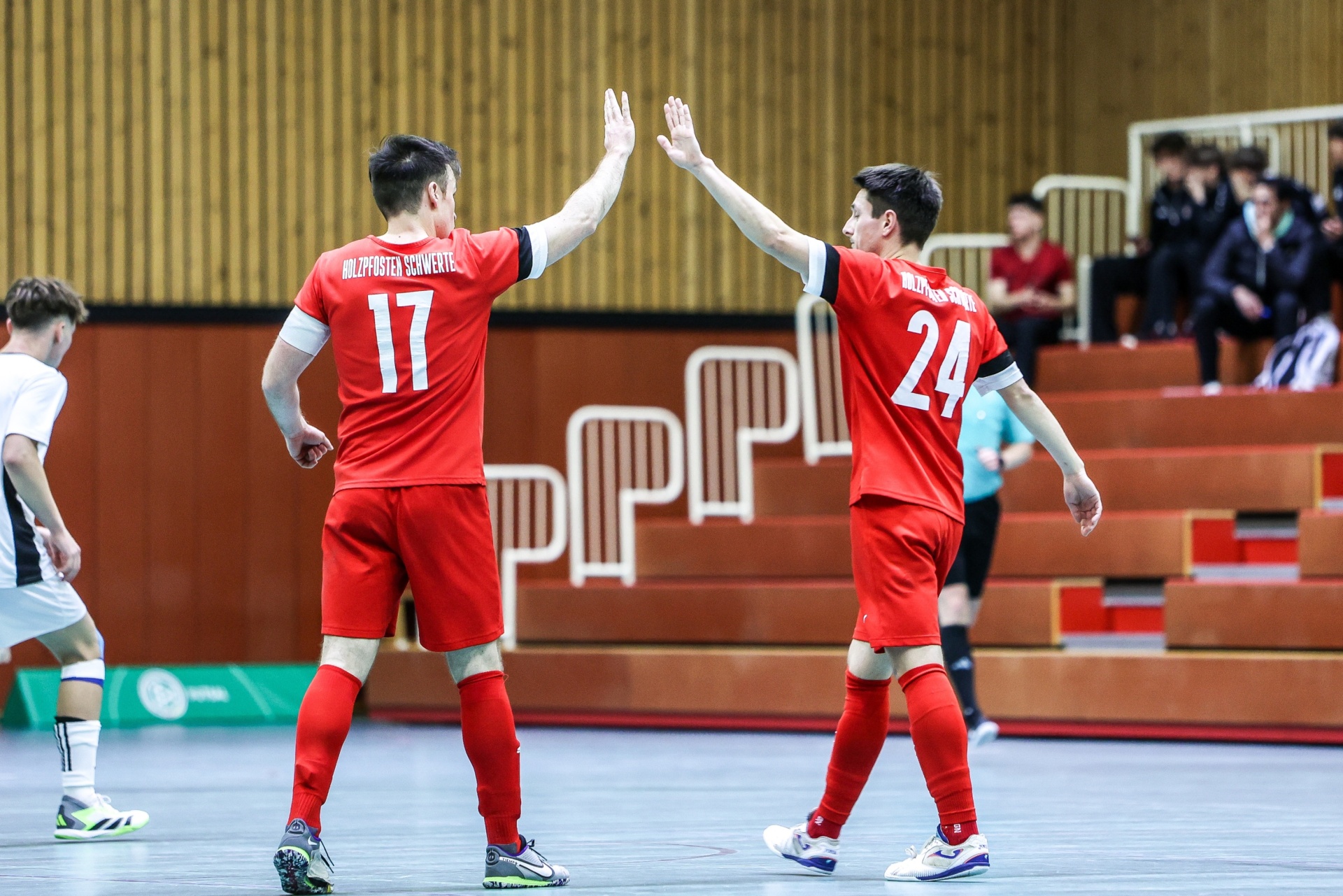 [{"clang_id":1,"value":"Zwei Handballspieler in roten Trikots mit den Nummern 17 und 24 geben sich High Five auf einem blauen Spielfeld. Im Hintergrund Zuschauer und eine braune Wand."}]