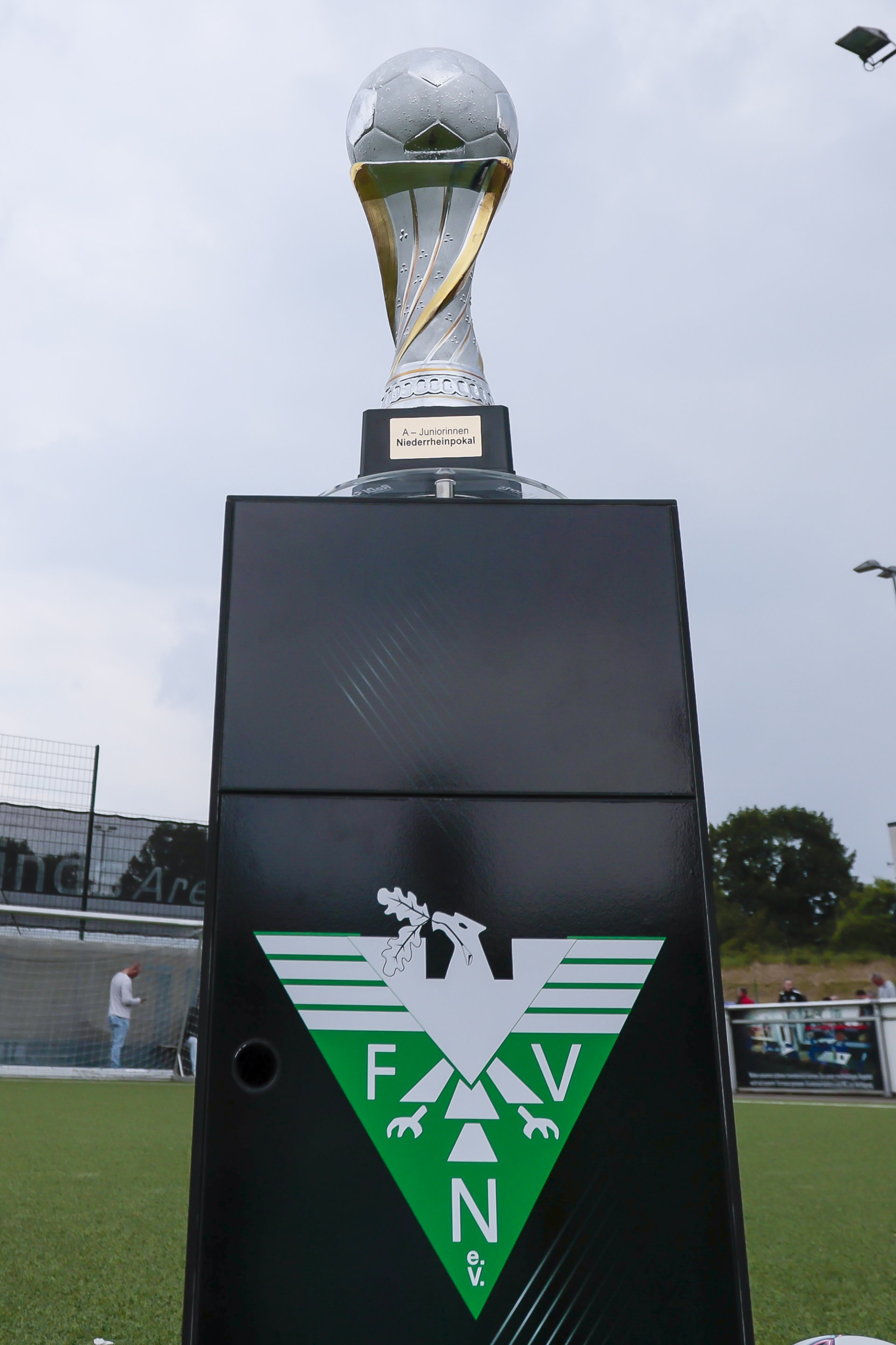 [{"clang_id":1,"value":"Pokal auf grünem Sockel mit weißem Wappen: stilisiertem Adler über den Buchstaben F, V und N. Fußballfeld im Hintergrund."}]