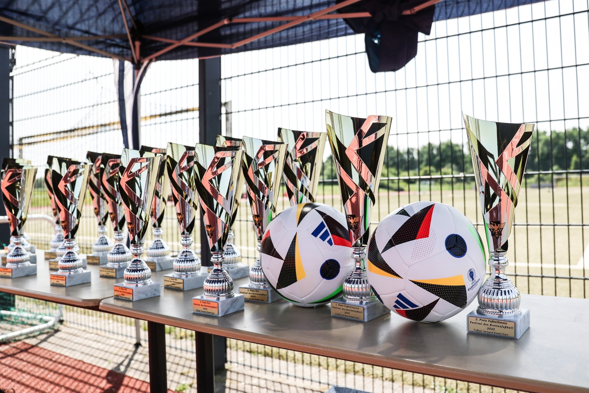 [{"clang_id":1,"value":"Trophäen und Fußbälle stehen auf einer Tischreihe vor einem Fußballfeld. Im Hintergrund eine überdachte Zuschauertribüne."}]