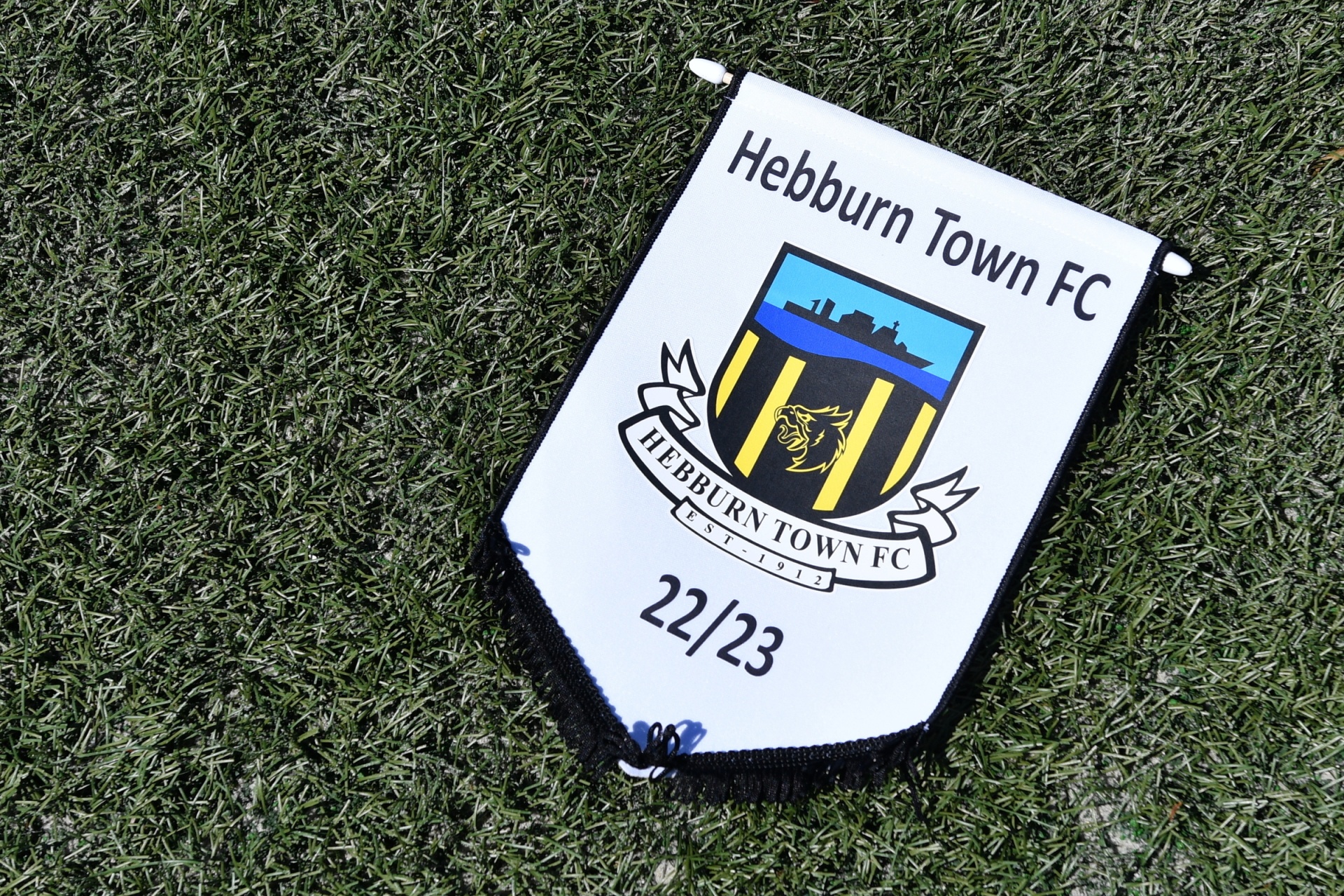 [{"clang_id":1,"value":"Fußball-Vereinsflagge von Hebburn Town FC, Saison 22/23, mit Wappen und Schriftzug auf grünem Rasen."}]