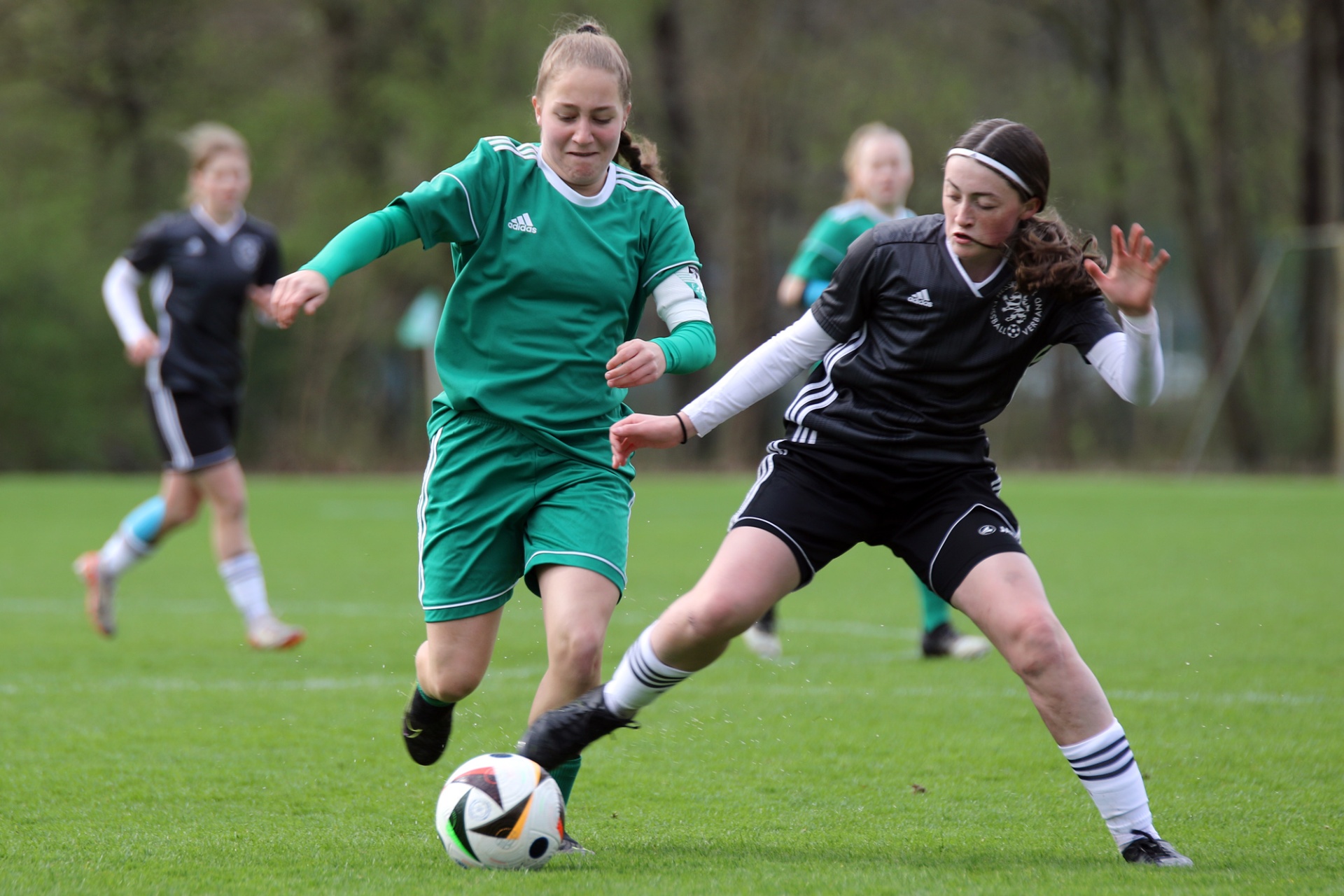 [{"clang_id":1,"value":"Zwei Fußballspielerinnen kämpfen um den Ball auf einem grünen Rasenplatz. Links trägt eine Spielerin grün, rechts schwarz-weiße Kleidung. Im Hintergrund weitere Spieler."}]