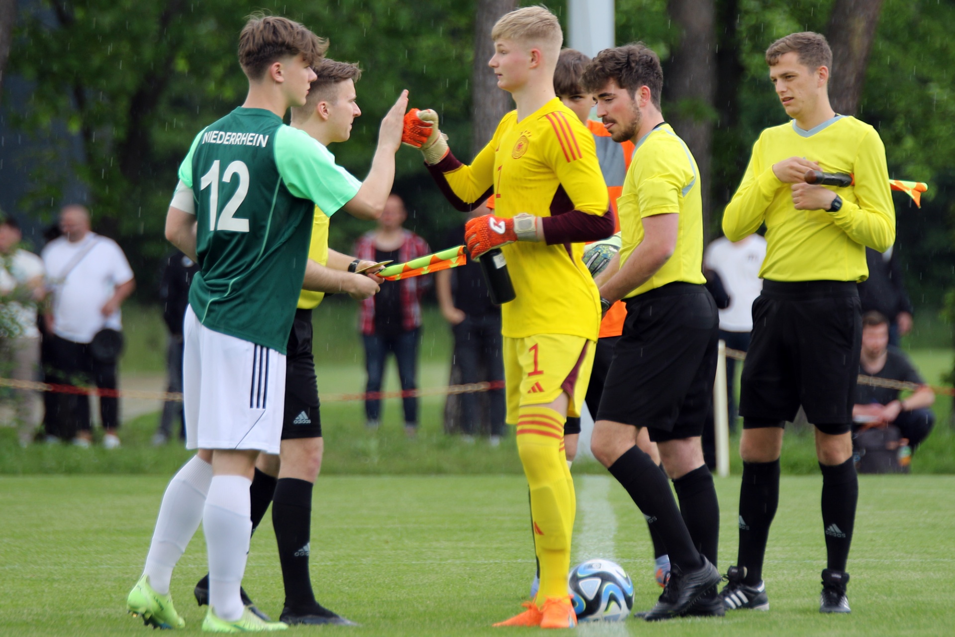 [{"clang_id":1,"value":"Fußballspieler auf Grün. Ein Spieler mit Nummer 12 und grünem Trikot gibt einem Torwart mit Nummer 1 die Hand. Zwei weitere Spieler stehen daneben. Zuschauerränge im Hintergrund."}]