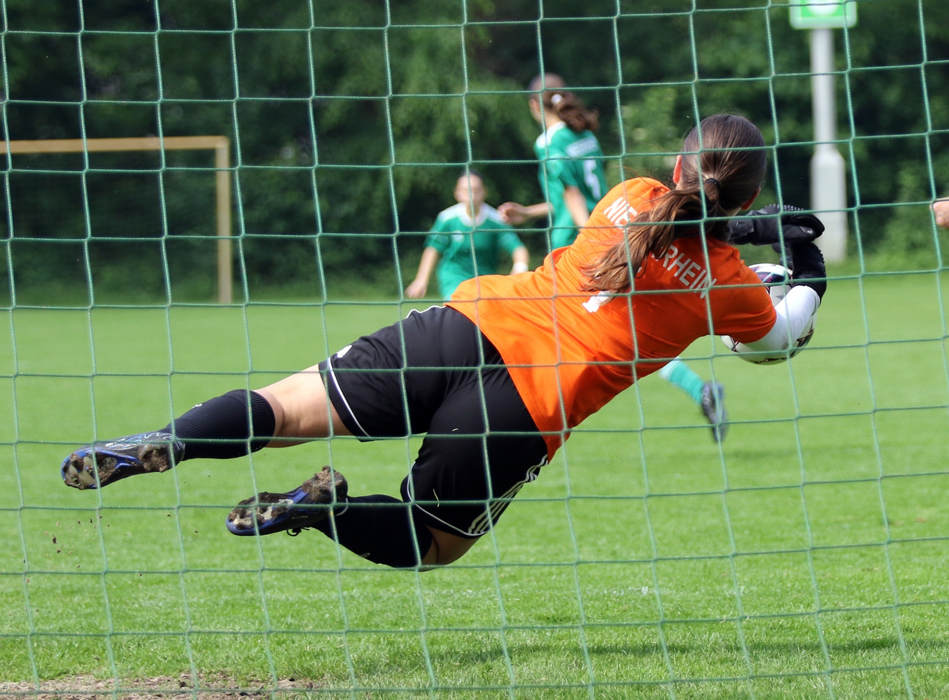 [{"clang_id":1,"value":"Fußballtorwartin in orangefarbenem Trikot und schwarzer Hose springt beim Versuch, einen Ball zu halten. Im Hintergrund stehen weitere Spieler auf dem Rasen."}]