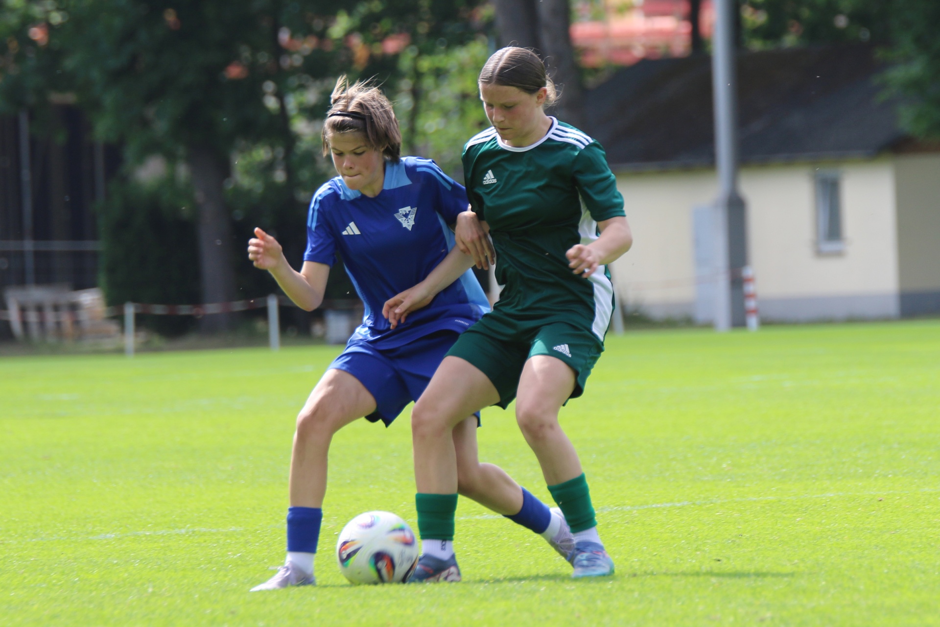 [{"clang_id":1,"value":"Zwei junge Fußballspielerinnen kämpfen um einen Ball auf einem grünen Rasenplatz. Links trägt eine Spielerin Blau, rechts Dunkelgrün."}]