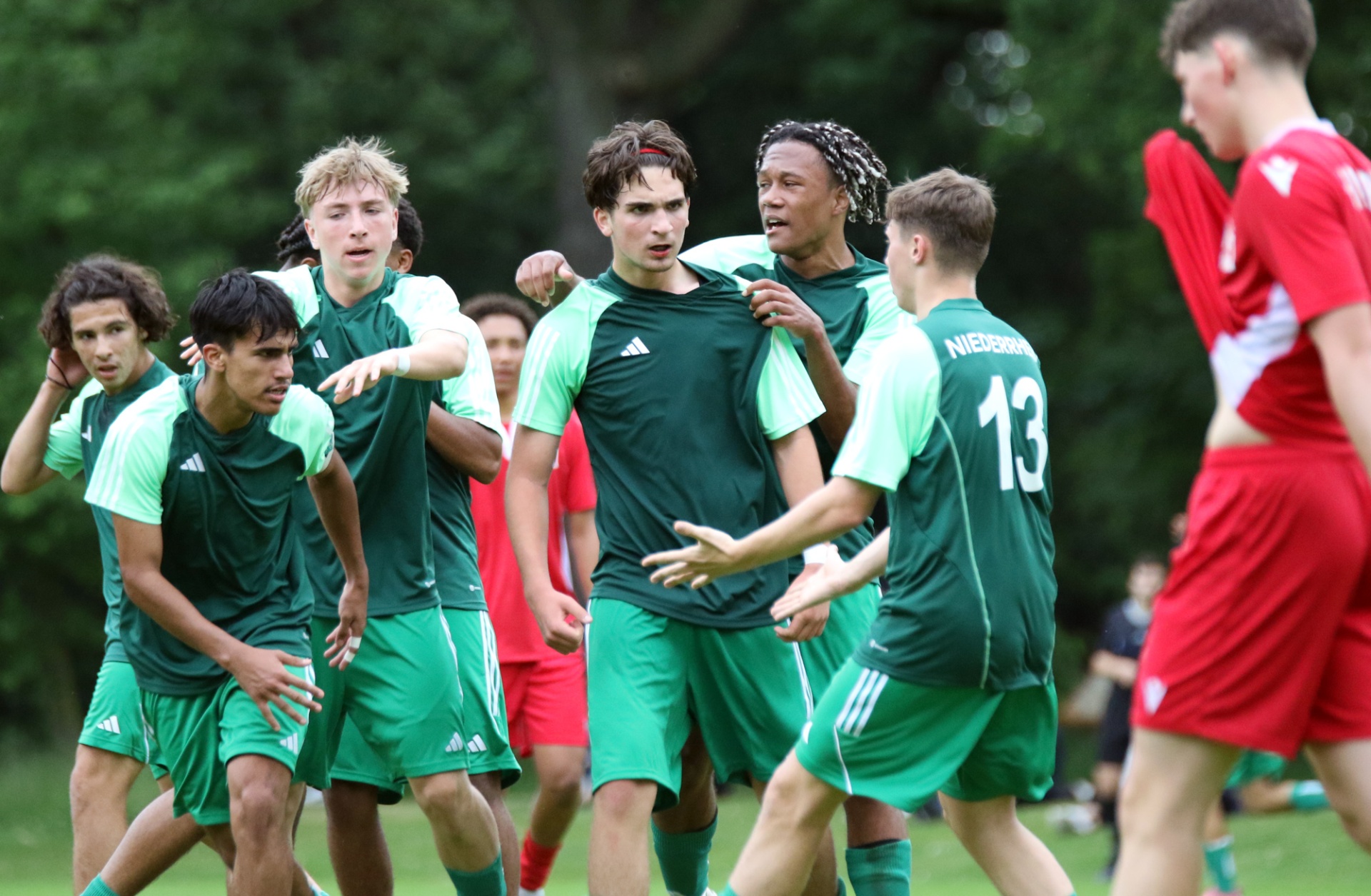 [{"clang_id":1,"value":"Fußballspieler in grünen und roten Trikots feiern oder diskutieren auf einem Spielfeld. Einige Spieler haben die Arme erhoben."}]