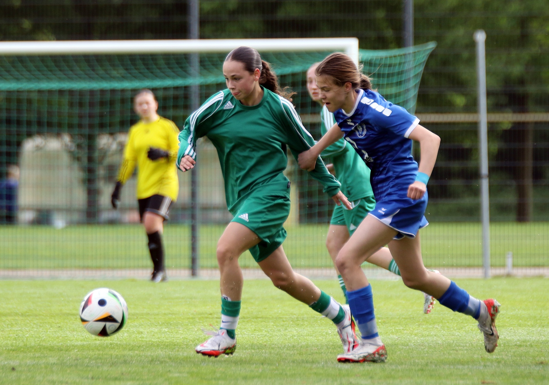 [{"clang_id":1,"value":"Zwei Fußballspielerinnen, eine in Grün, die andere in Blau, dribbeln auf einem Rasenplatz. Im Hintergrund ein Tor und weitere Spieler."}]