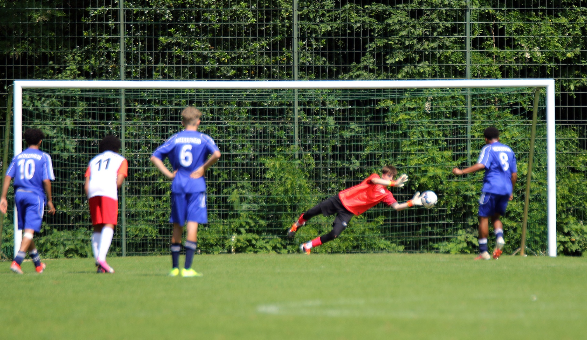 [{"clang_id":1,"value":"Fußballspiel: Torwart in Rot springt nach rechts, um Ball zu halten. Spieler mit Nummern 6, 8, 10 und 11 stehen davor auf grünem Rasen. Im Hintergrund grüne Hecke."}]
