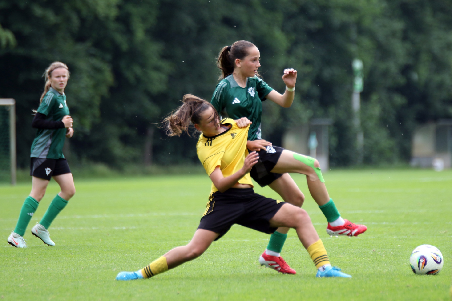 [{"clang_id":1,"value":"Zwei Fußballspielerinnen kämpfen um den Ball auf einem grünen Rasenplatz. Im Hintergrund weitere Spielerinnen und Bäume."}]