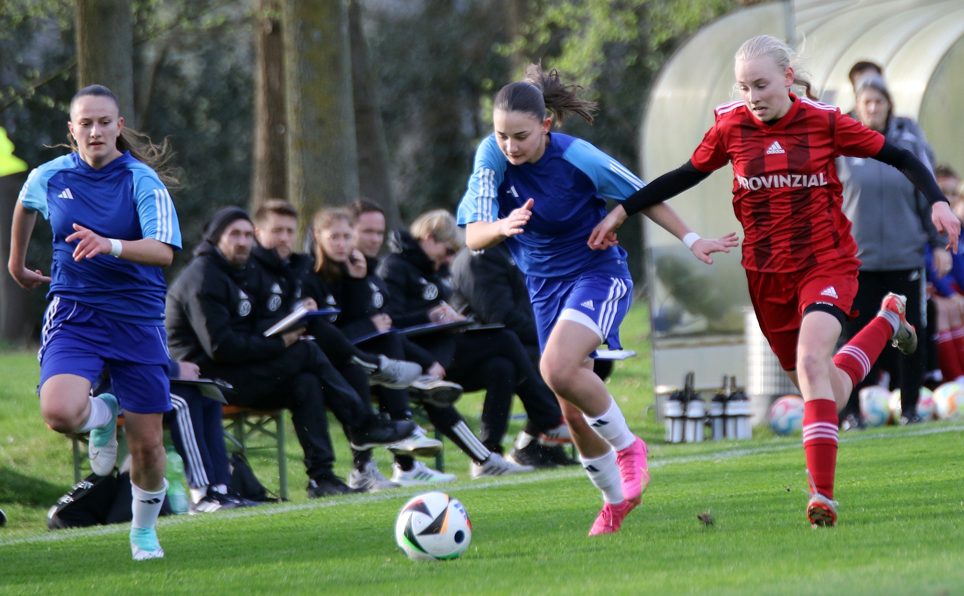 [{"clang_id":1,"value":"Fußballspiel: Zwei Spielerinnen in Blau und Rot laufen auf einen Ball zu, Zuschauer im Hintergrund. Rasenplatz, sonniger Tag."}]